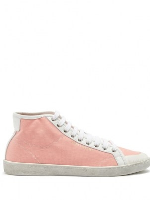 SAINT LAURENT Elba high-top pink canvas and white leather trainers ~ sports luxe sneakers - flipped