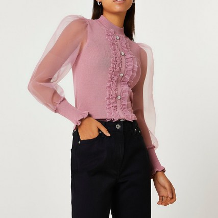 RIVER ISLAND Pink frill detail puff sleeve top ~ front ruffle high neck tops ~ sheer volume sleeve jumper ~ womens on-trend knitwear - flipped