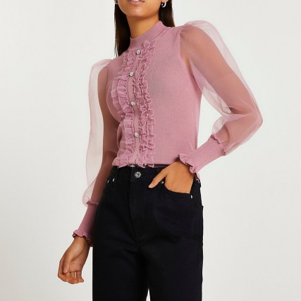 RIVER ISLAND Pink frill detail puff sleeve top ~ front ruffle high neck tops ~ sheer volume sleeve jumper ~ womens on-trend knitwear
