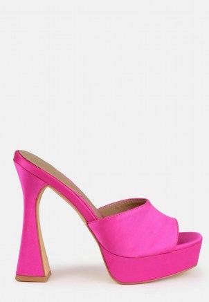 MISSGUIDED pink platform high heel satin mule sandals – hot pink retro platforms – vintage style heels - flipped
