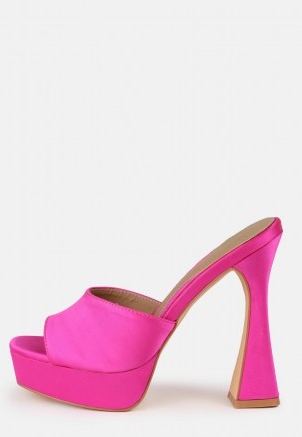 MISSGUIDED pink platform high heel satin mule sandals – hot pink retro platforms – vintage style heels