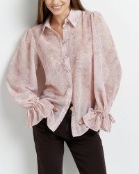 RIVER ISLAND Pink snake print oversized shirt / womens glamorous reptile print shirts / balloon sleeve tops / tie cuff vlouses