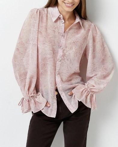 RIVER ISLAND Pink snake print oversized shirt / womens glamorous reptile print shirts / balloon sleeve tops / tie cuff vlouses - flipped