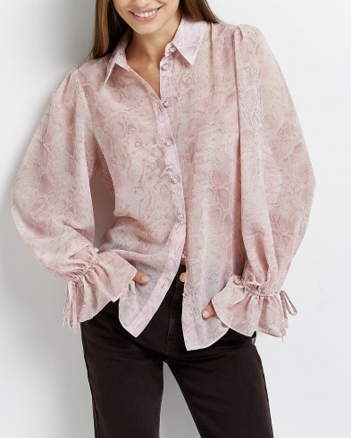 RIVER ISLAND Pink snake print oversized shirt / womens glamorous reptile print shirts / balloon sleeve tops / tie cuff vlouses