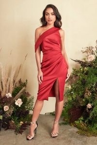 Lavish Alice pleated one shoulder satin midi dress in burgundy | high split hem party dresses | evening glamour | luxe style occasion fashion