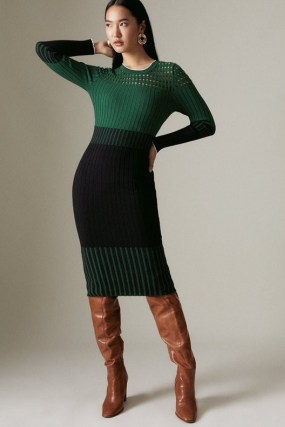 Pointelle Detail Colour Block Knit Dress in Green | long sleeve rib knit midi dresses | chic knitwear fashion - flipped