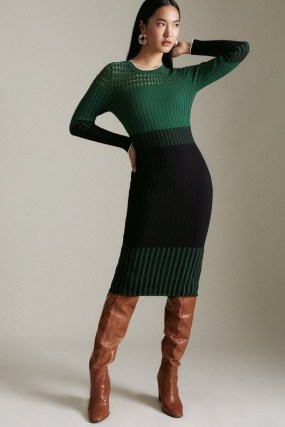 Pointelle Detail Colour Block Knit Dress in Green | long sleeve rib knit midi dresses | chic knitwear fashion