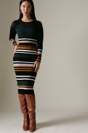 KAREN MILLEN Pointelle Stripe Knitted Bodycon Dress in Teal | striped rib knit dresses - flipped