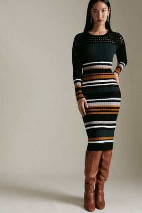 KAREN MILLEN Pointelle Stripe Knitted Bodycon Dress in Teal | striped rib knit dresses