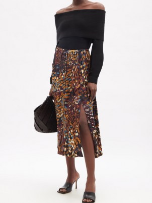 ALTUZARRA Tandy printed-satin skirt ~ fluid fabric split hem skirts ~ autumn colours