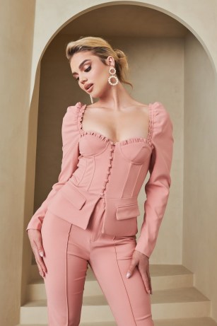 Lavish Alice puff sleeve corset blazer in coral – frill trimmed fitted blazers - flipped