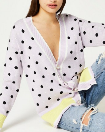 River Island Purple polka dot knitted cardigan | fashionable V-neck spot print cardigans | womens on-trend knitwear - flipped