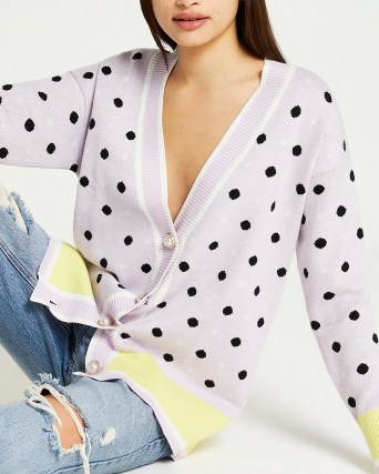 River Island Purple polka dot knitted cardigan | fashionable V-neck spot print cardigans | womens on-trend knitwear