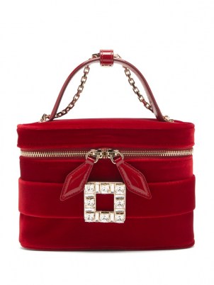 ROGER VIVIER Crystal-buckle red-velvet cross-body bag – small luxe top handle bags – luxury mini handbags - flipped