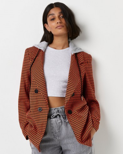 RIVER ISLAND Red dogtooth tailored hooded blazer / houndtooth blazers / womens on trend check print jackets - flipped