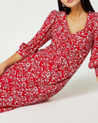 RIVER ISLAND Red floral midi dress / puff sleeve dresses - flipped