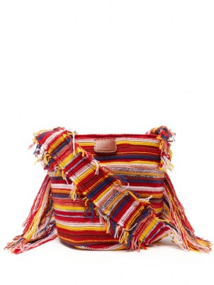 CHLOÉ Jorge small striped recycled-cashmere bucket bag | knitted tasseled edge shoulder bags | fringed handbags