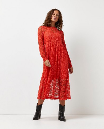 RIVER ISLAND Red lace midi dress ~ floral semi sheer dresses - flipped