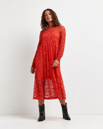RIVER ISLAND Red lace midi dress ~ floral semi sheer dresses