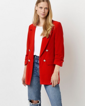 RIVER ISLAND Red tailored blazer ~ womens bright gathered 3/4 length sleeve blazers - flipped
