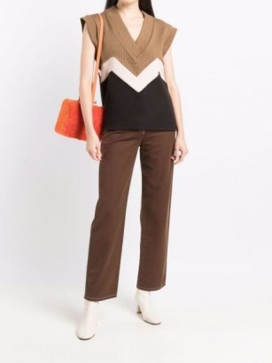 Rejina Pyo V-neck panelled sleeveless jumper | womens neutral colour block jumpers | women’s cap sleeve tank style sweater - flipped