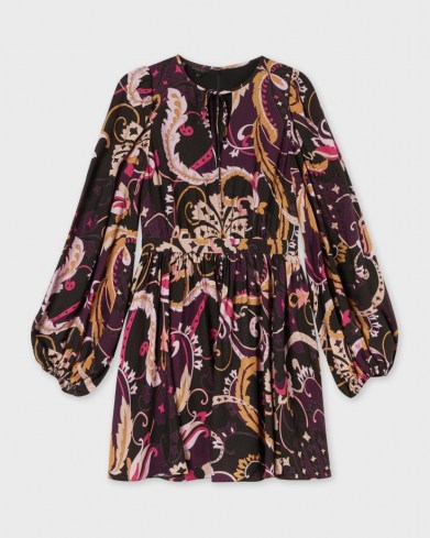 TED BAKER RHABIA Relaxed fit paisley mini dress in Deep Purple / womens retro fashion / vintage style balloon sleeve dresses - flipped