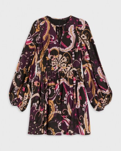TED BAKER RHABIA Relaxed fit paisley mini dress in Deep Purple / womens retro fashion / vintage style balloon sleeve dresses