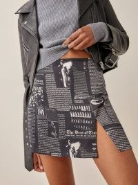 Reformation Robbie Skirt in Style Zine | silk split hem mini skirts | thigh high slit fashion | newspaper style print
