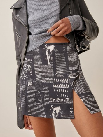 Reformation Robbie Skirt in Style Zine | silk split hem mini skirts | thigh high slit fashion | newspaper style print