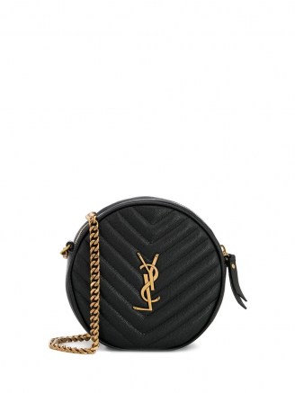 Nina Dobrev round black crossbody bag, Saint Laurent Vinyle quilted bag, out in Los Angeles, 25 September 2021 | celebrity cross body bags | star style accessories - flipped