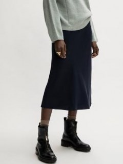 Jigsaw Satin Bias Midi Slip Skirt in Navy | dark blue fluid fabric skirts