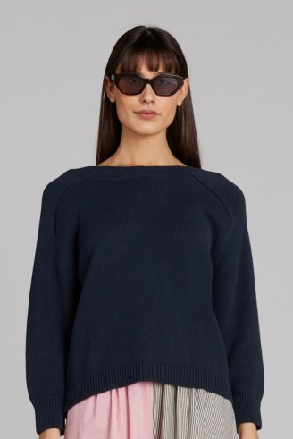 gorman SERENITY JUMPER NAVY | womens dark blue relaxed fit jumpers | women’s organic cotton knitwear | V back detail boat neck sweater - flipped