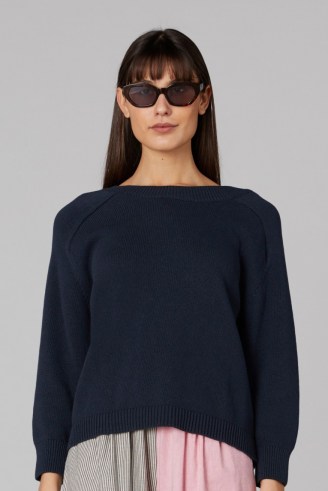 gorman SERENITY JUMPER NAVY | womens dark blue relaxed fit jumpers | women’s organic cotton knitwear | V back detail boat neck sweater