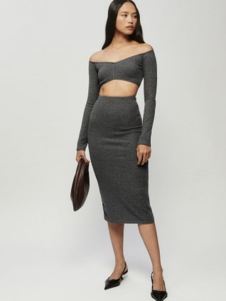 Reformation Shayne Two Piece in Shadow | glamorous bardot crop top and pencil skirt fashion sets | on trend knitted clothing co ords | off the shoulder knitwear