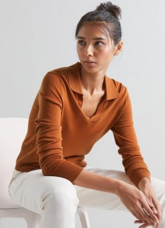 L.K. BENNETT SOPHIE TOFFEE MERINO WOOL KNITTED TOP ~ chic brown lightweight knit open collar tops ~ womens casual luxe knitwear - flipped