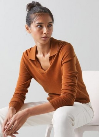 L.K. BENNETT SOPHIE TOFFEE MERINO WOOL KNITTED TOP ~ chic brown lightweight knit open collar tops ~ womens casual luxe knitwear