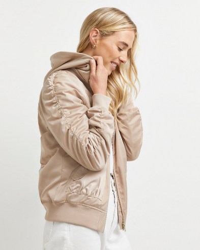 River Island Stone ruched hooded bomber jacket | womens neutral sports luxe style jackets