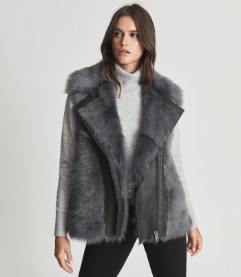 REISS TABBY ZIP-UP SHEARLING GILET CHARCOAL ~ winter glamour ~ luxury gilets ~ luxe sleeveless jackets
