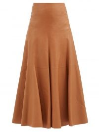 CHLOÉ High-rise tan-leather A-line skirt | luxe designer flared hem skirts