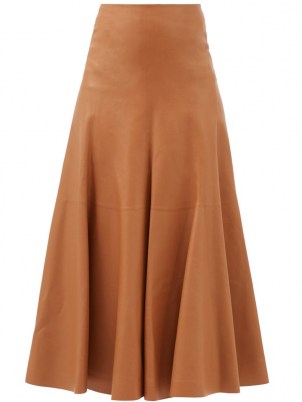 CHLOÉ High-rise tan-leather A-line skirt | luxe designer flared hem skirts - flipped