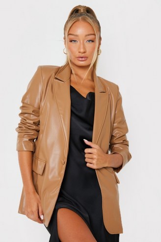 IN THE STYLE TAN PU BLAZER – light brown luxe style blazers – womens on-trend jackets - flipped