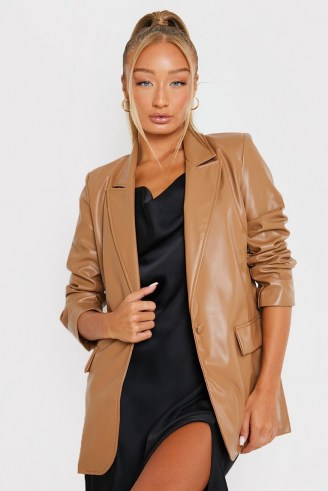 IN THE STYLE TAN PU BLAZER – light brown luxe style blazers – womens on-trend jackets