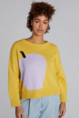 gorman THEM APPLES JUMPER GOLD | yellow round neck relaxed fit jumpers | womens fruit patterned knitwear | women’s organic cotton sweaters - flipped