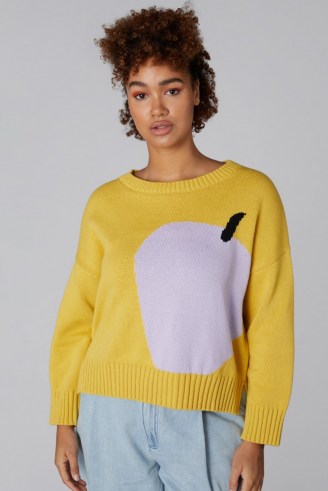 gorman THEM APPLES JUMPER GOLD | yellow round neck relaxed fit jumpers | womens fruit patterned knitwear | women’s organic cotton sweaters
