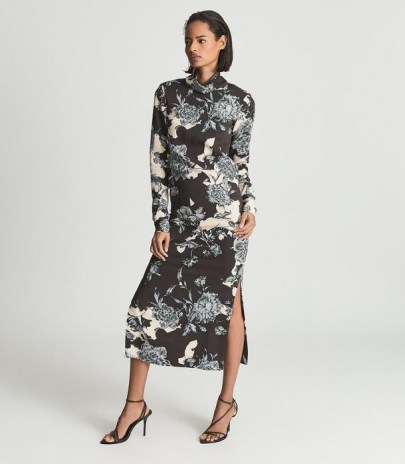 REISS THERESA FLORAL PRINT HIGH NECK MIDI DRESS BLUE – elegant long sleeve side slit dresses – fluid fabric fashion