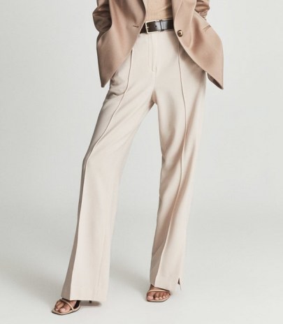 REISS TIA WIDE LEG TAILORED TROUSERS PINK ~ womens front seam split hem trousers ~ wardrobe essentials for an effortlessly stylish look