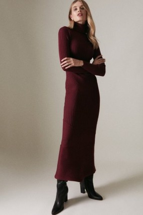 KAREN MILLEN Travelling Rib Knitted Roll Neck Maxi Dress in Burgundy | dark red high neck jumper dresses - flipped