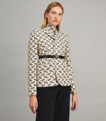 TORY BURCH TWILL CREPE JACKET in Navy Stencil Floral ~ beautiful tailored boxy style jackets ~ fashion to love forever - flipped
