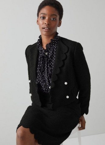 L.K. BENNETT VENICE BLACK COTTON MIX JACKET ~ classic tweed-inspired scalloped edge jackets ~ womens chic textured outerwear