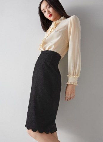L.K. BENNETT VENICE BLACK TWEED SCALLOP EDGE PENCIL SKIRT ~ textured scalloped hem skirts
